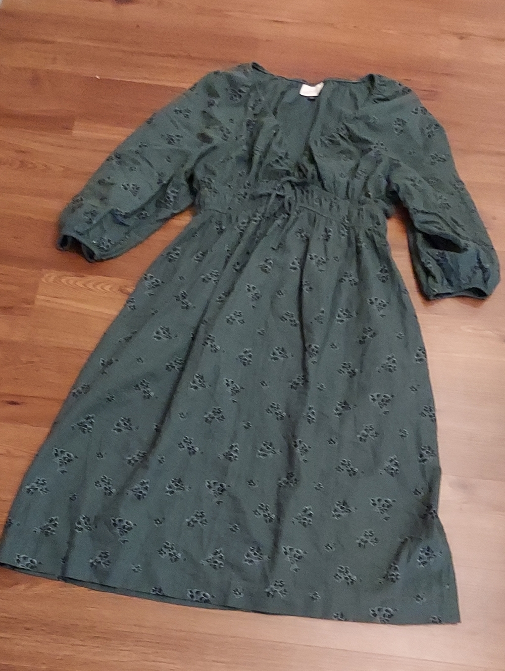 Universal Thread Dark Green Eyelet Midi Dress with Puff Sleeves